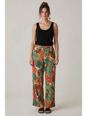 PrettyLittleThing Orange and Green Big Leaf Wide Leg Beach Trousers, Size 4